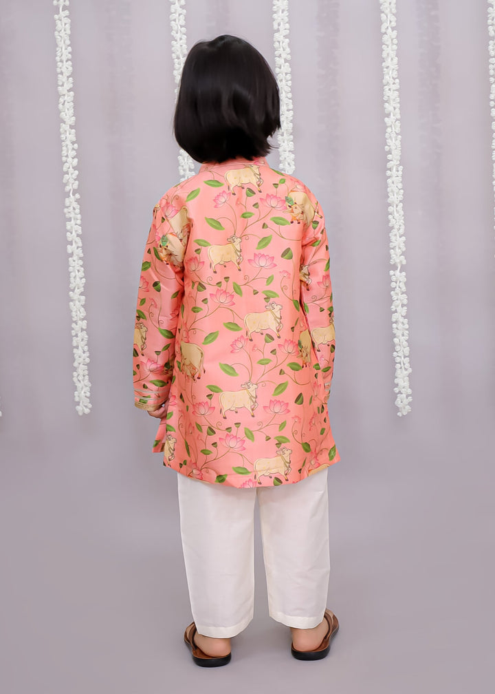 Orange Cow Printed Kurta With Pyjama Set