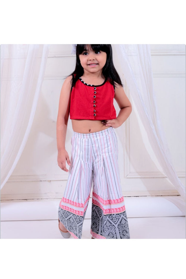 Red Knitted Top Embellished & White Printed Palazzo Set