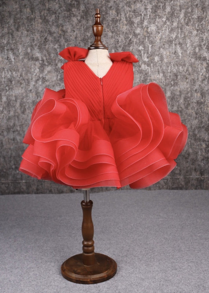 Red Stiff Hem Net Pleated Yoke Ruffle Dress