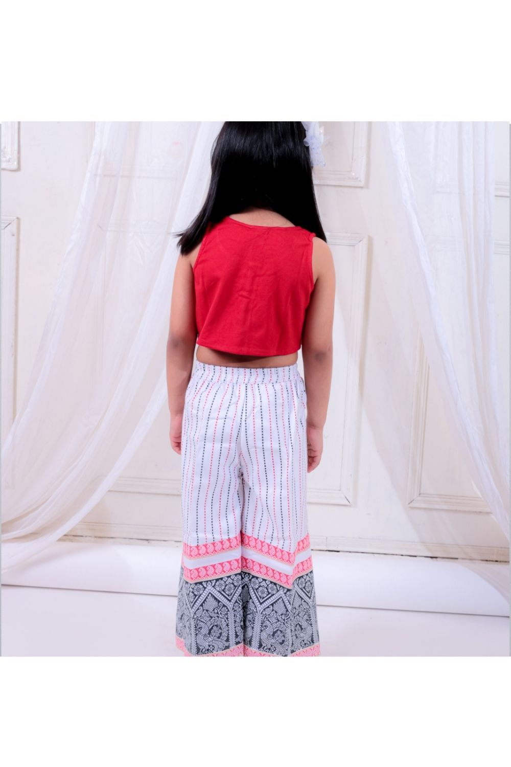 Red Knitted Top Embellished & White Printed Palazzo Set