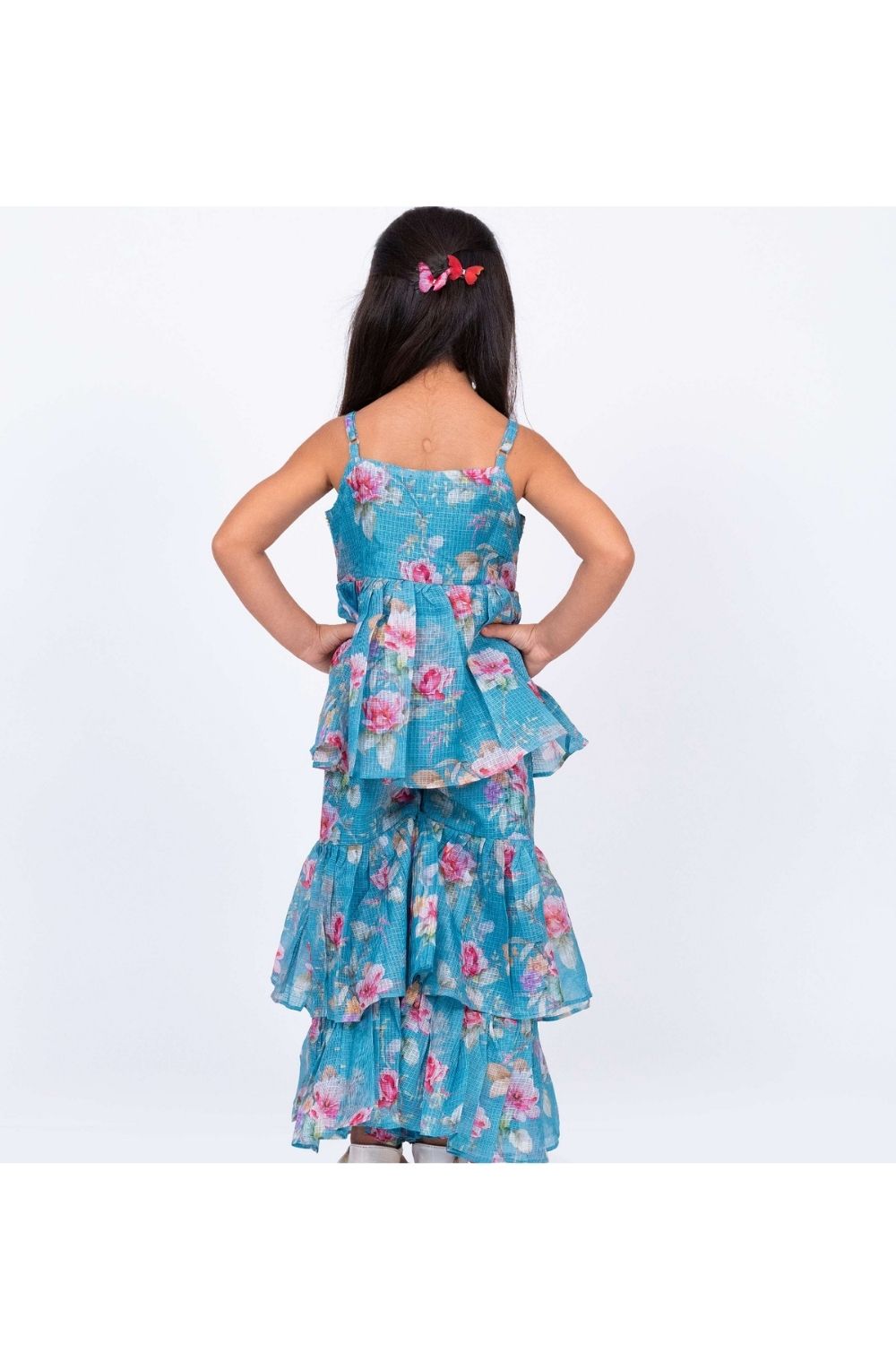Blue Floral Printed Layered Embellished Top & Layered Sharara Set
