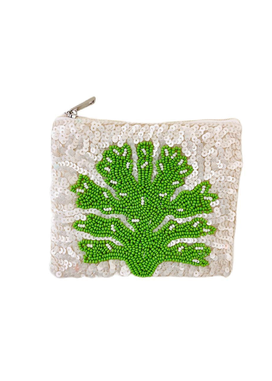White and Green Handmade Beaded Embroidered Coin Purse