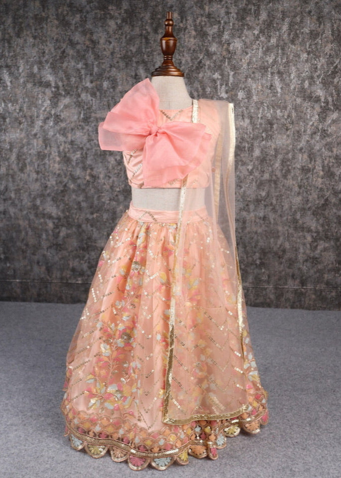 Multicolor Embroidered Organza Bow Embellished Top And Lehenga Set
