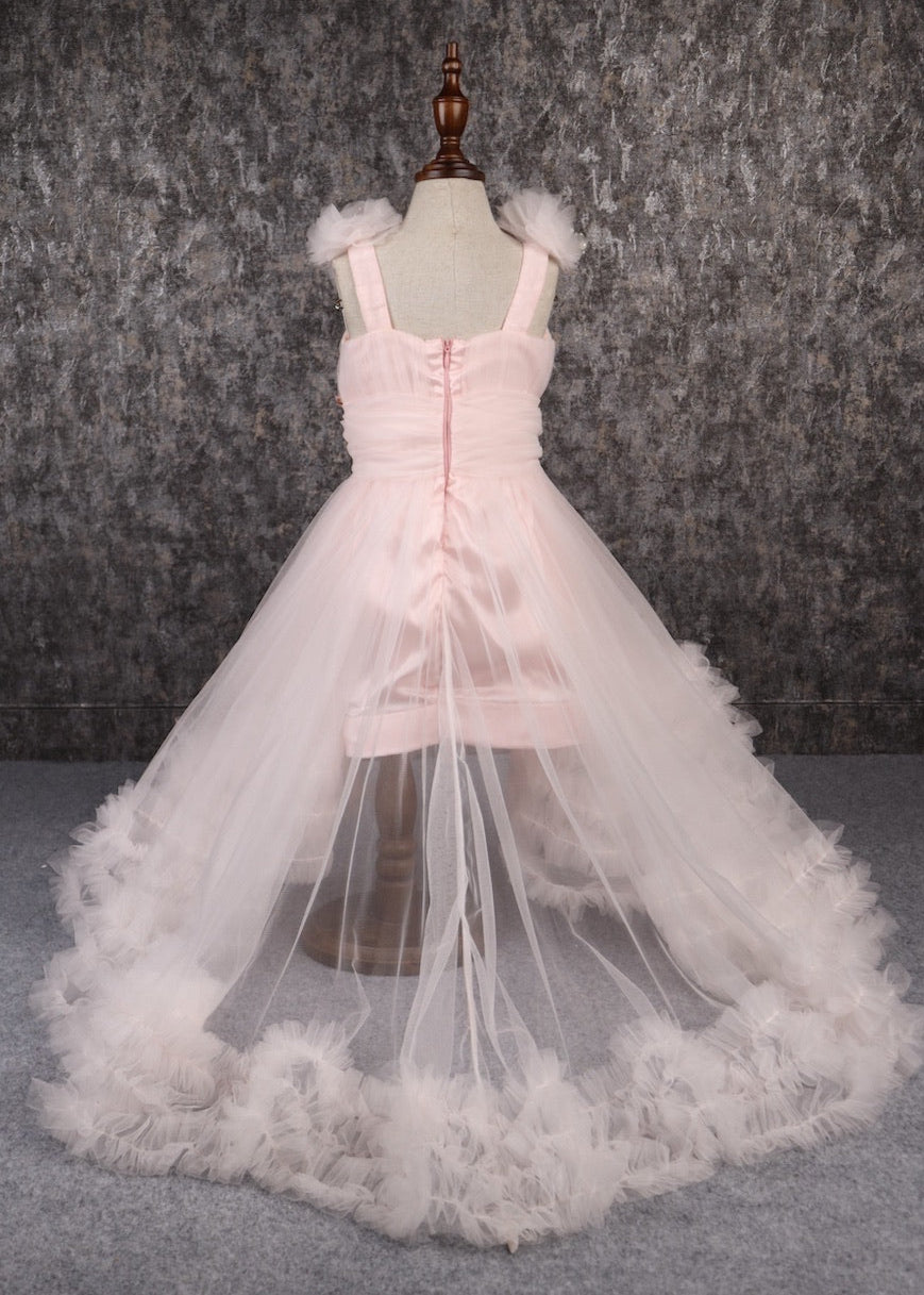 Peach Butterfly Ruffle Hem With Trail Dress