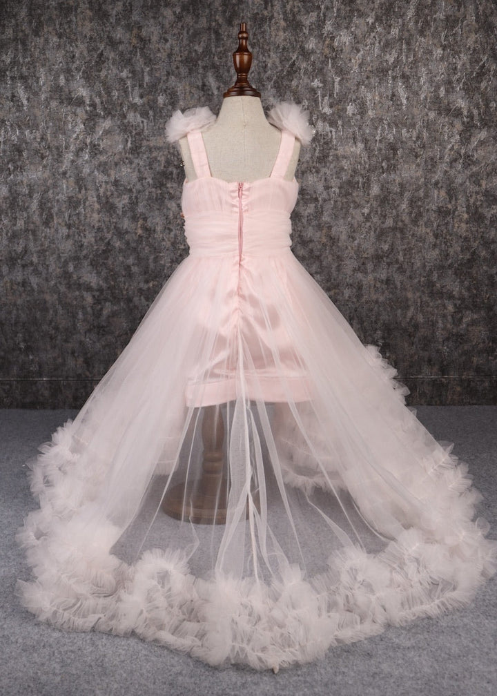 Peach Butterfly Ruffle Hem With Trail Dress