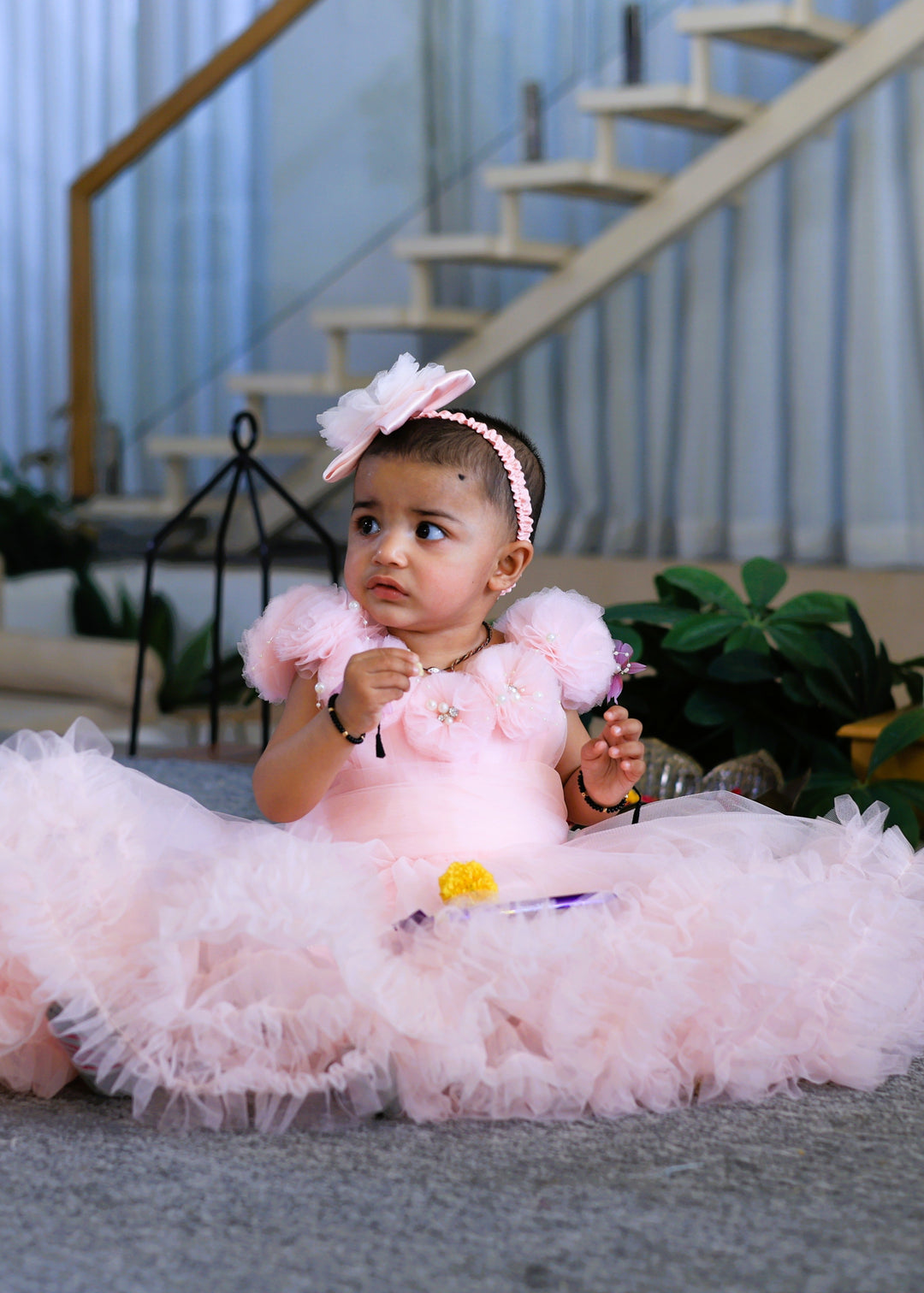 Peach Butterfly Ruffle Hem With Trail Dress