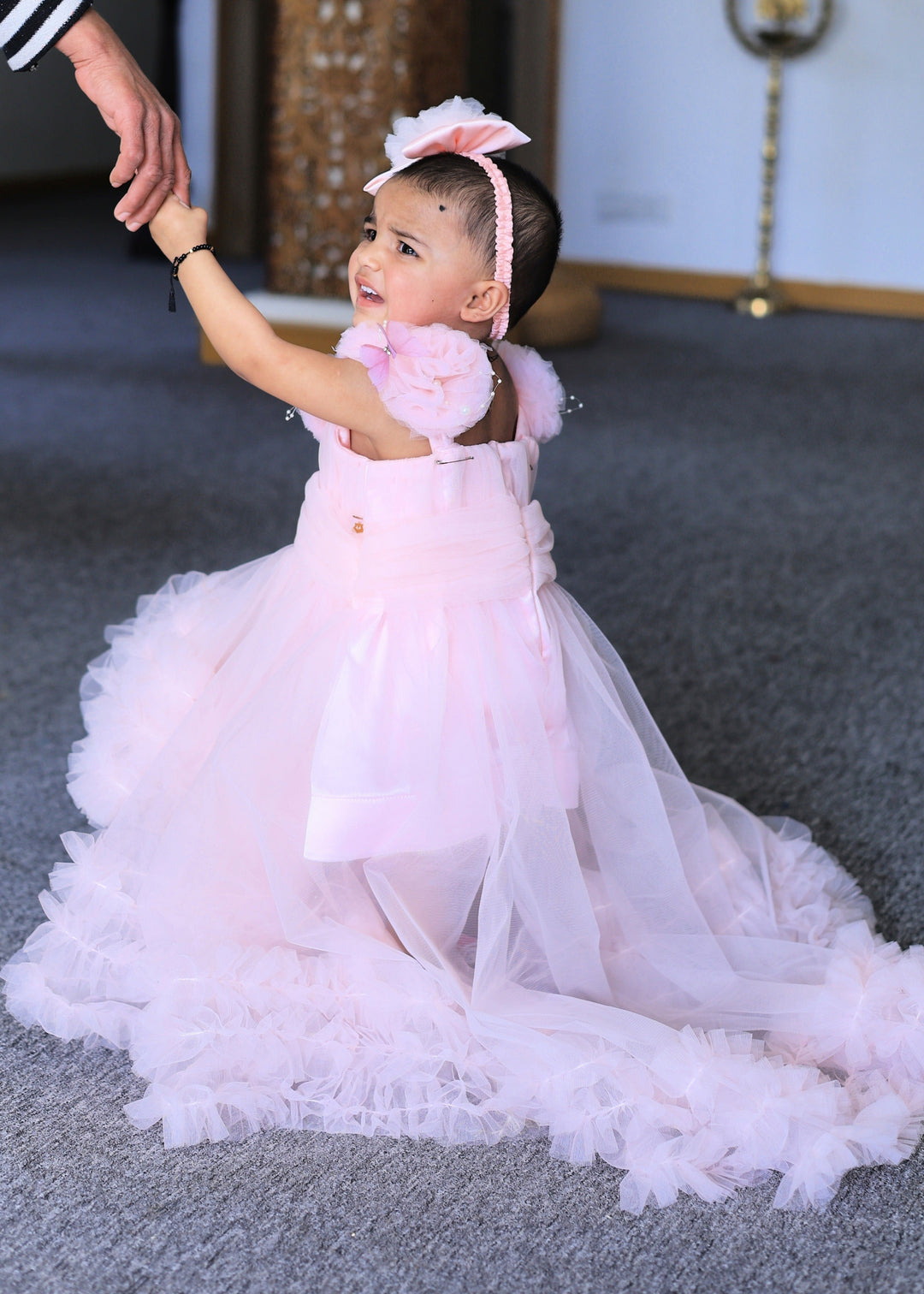 Peach Butterfly Ruffle Hem With Trail Dress
