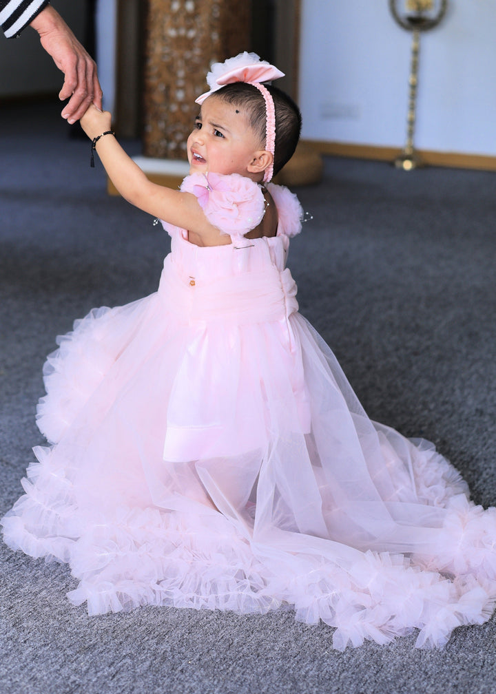 Peach Butterfly Ruffle Hem With Trail Dress