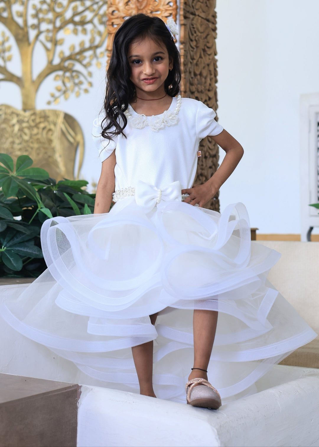 White Handmade Flower With Detachable Drape Dress