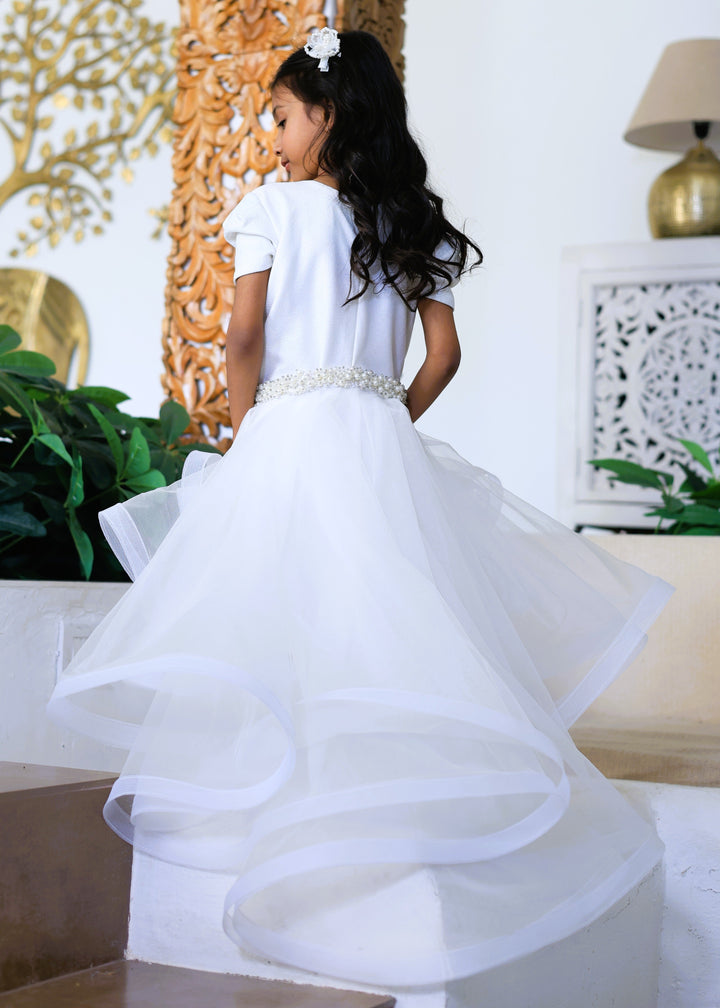 White Handmade Flower With Detachable Drape Dress