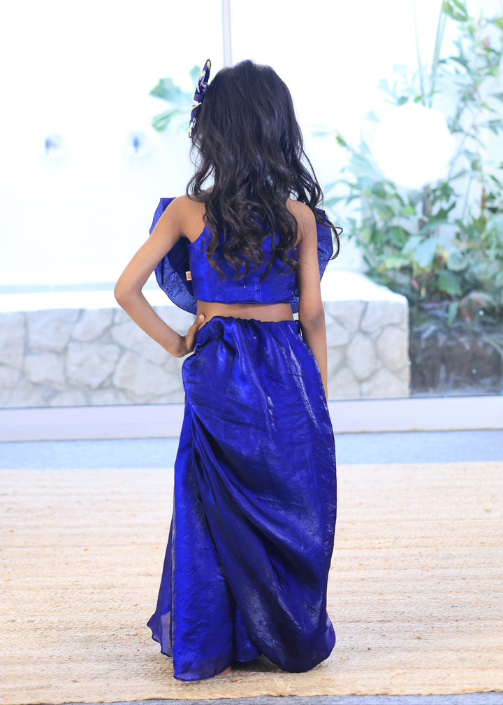 Royal Blue Handmade Flower Top And Skirt Set