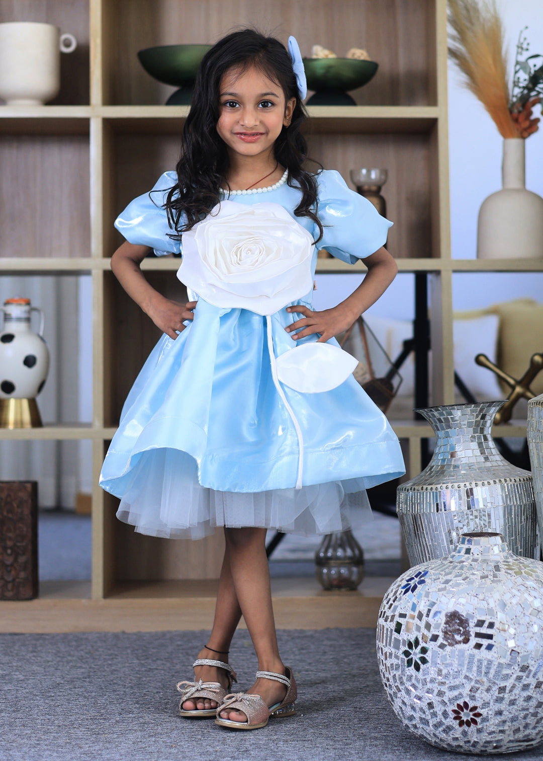 Powder Blue With White Rose Flower Pearl Dress