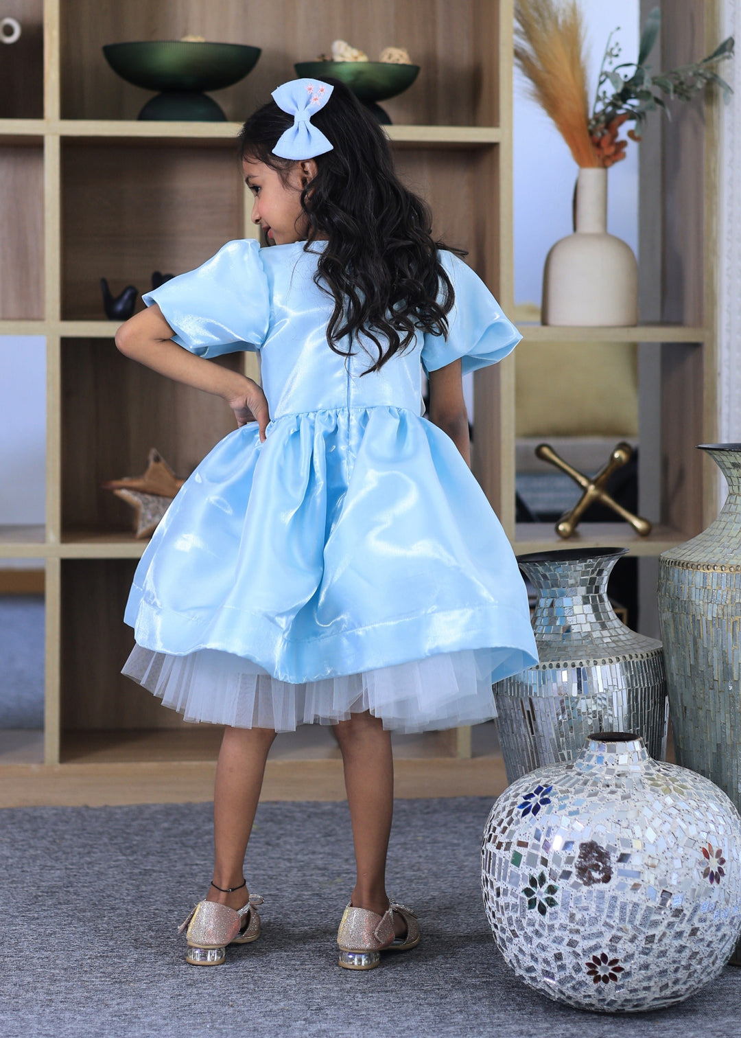 Powder Blue With White Rose Flower Pearl Dress