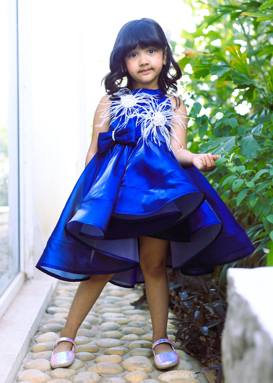 Blue Ostrich Feather Detailing High Low Dress