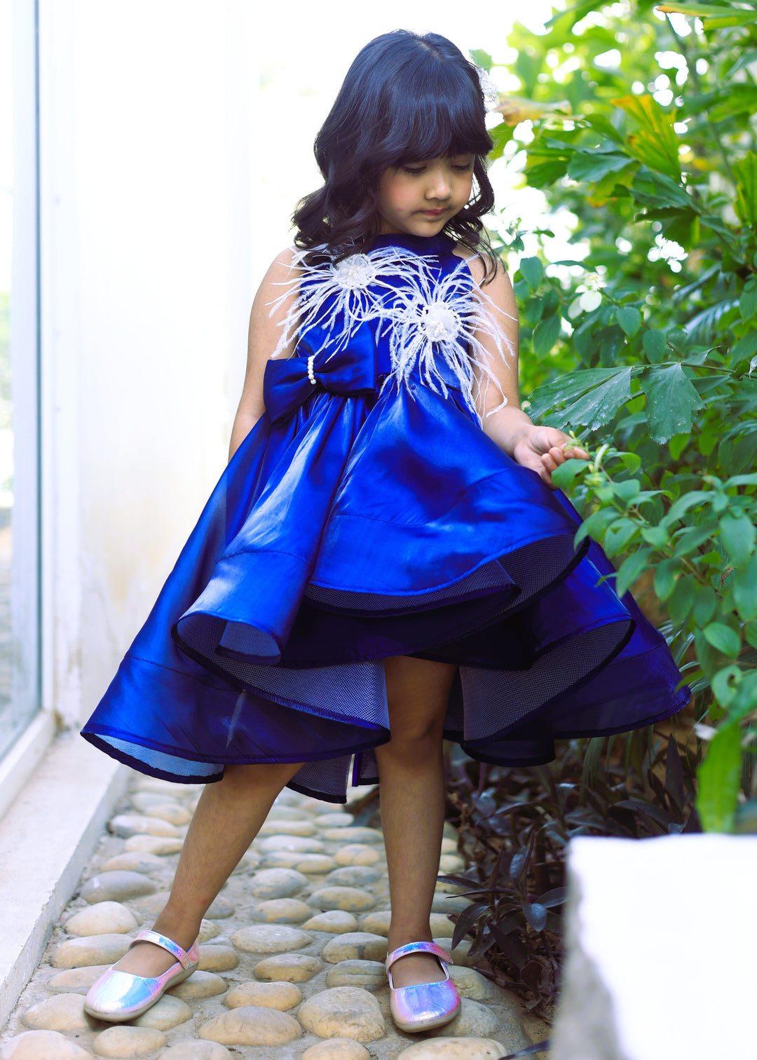 Blue Ostrich Feather Detailing High Low Dress