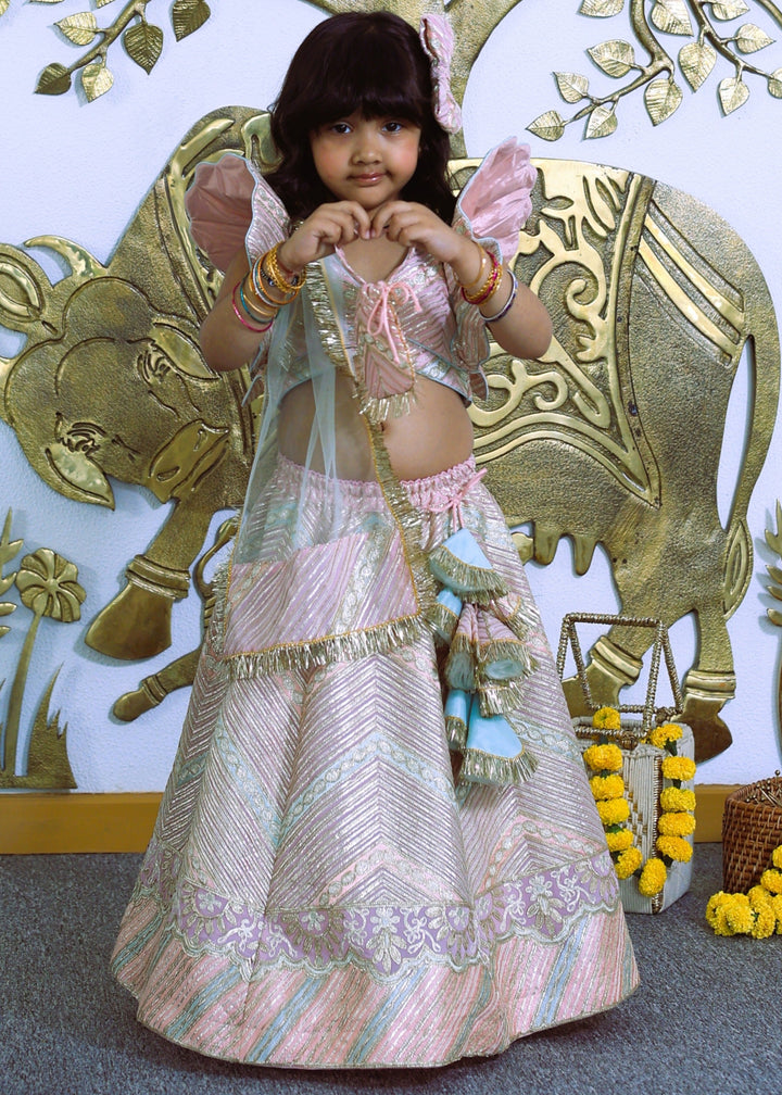 Pink Heavy Embroidered Gota Lace Top With Lehenga Set