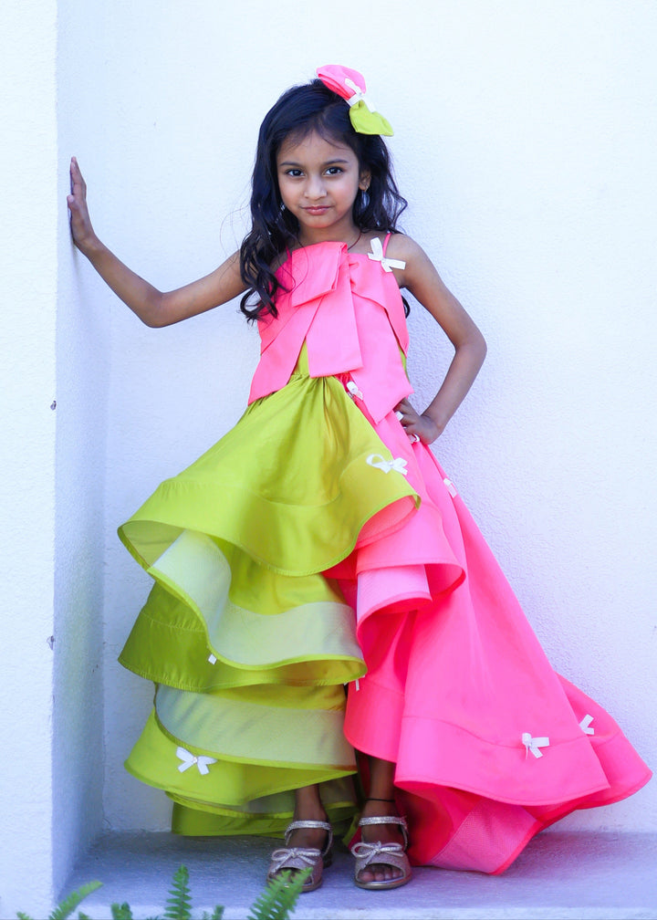 Pink And Green Bow Detailing High Low Dress
