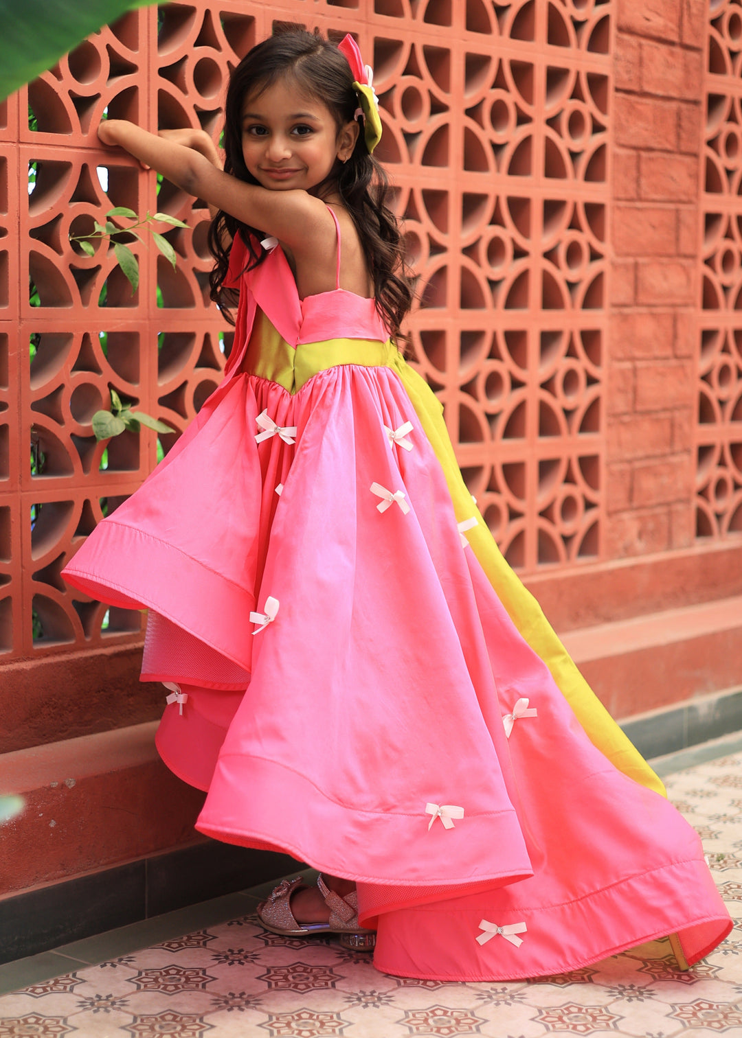 Pink And Green Bow Detailing High Low Dress