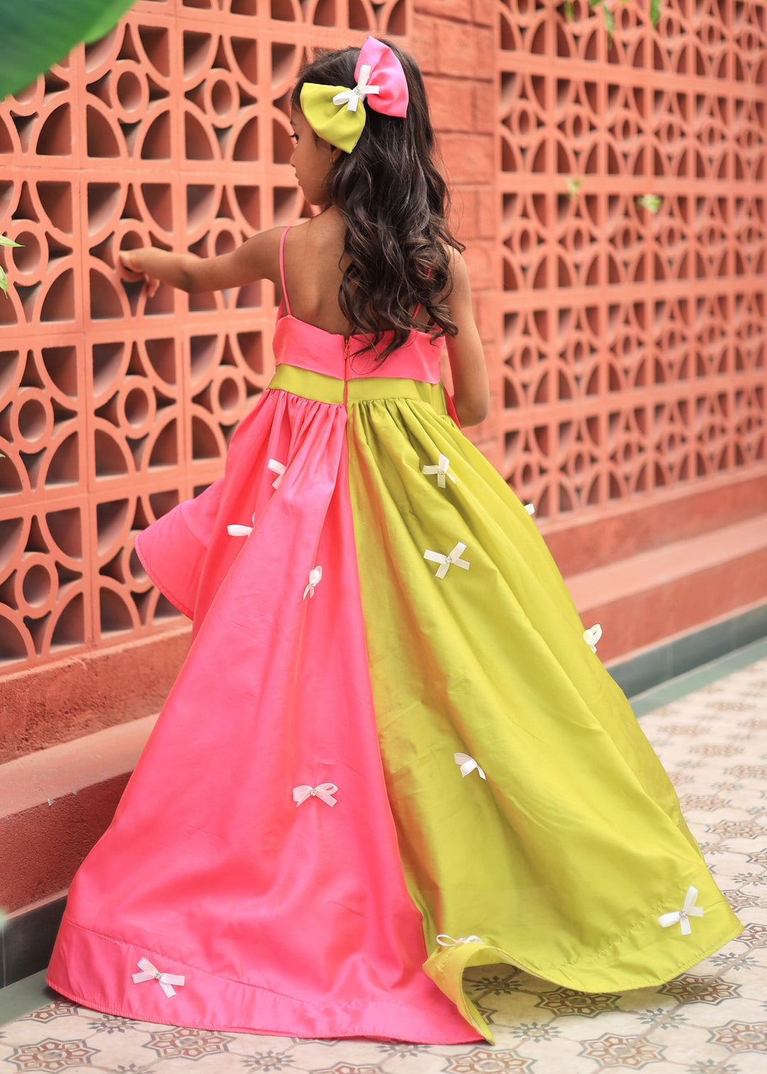 Pink And Green Bow Detailing High Low Dress