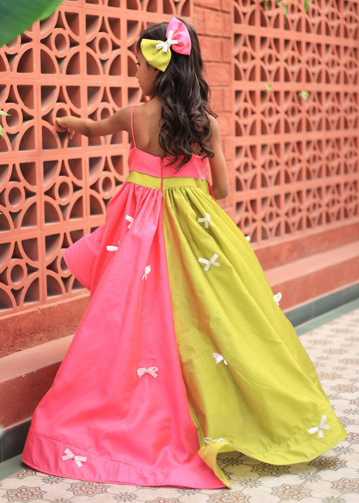 Pink And Green Bow Detailing High Low Dress