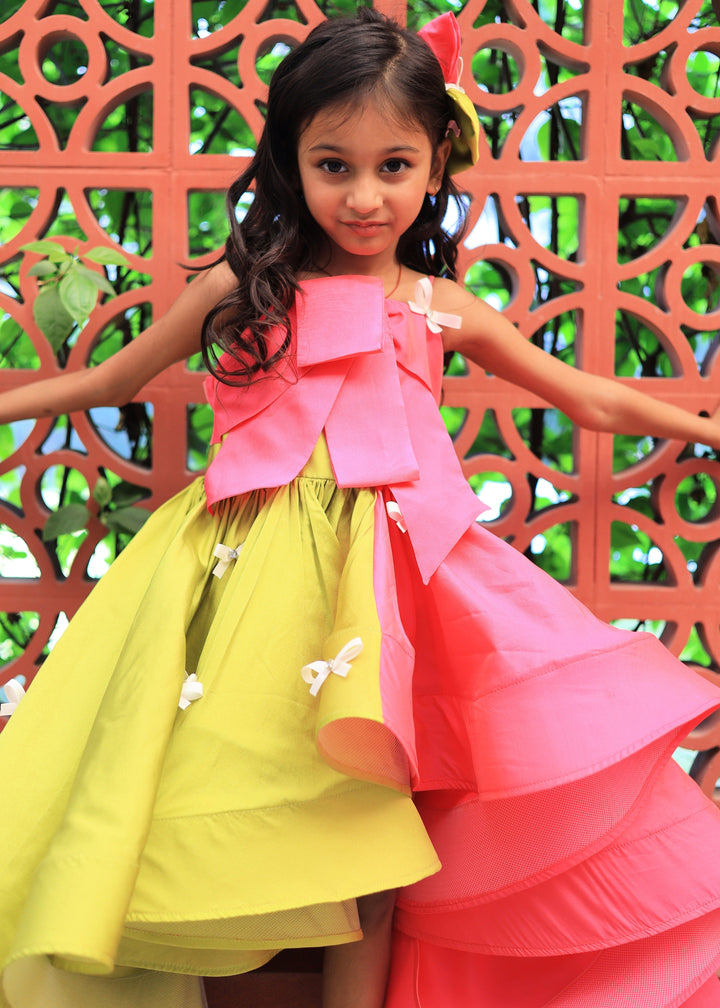 Pink And Green Bow Detailing High Low Dress
