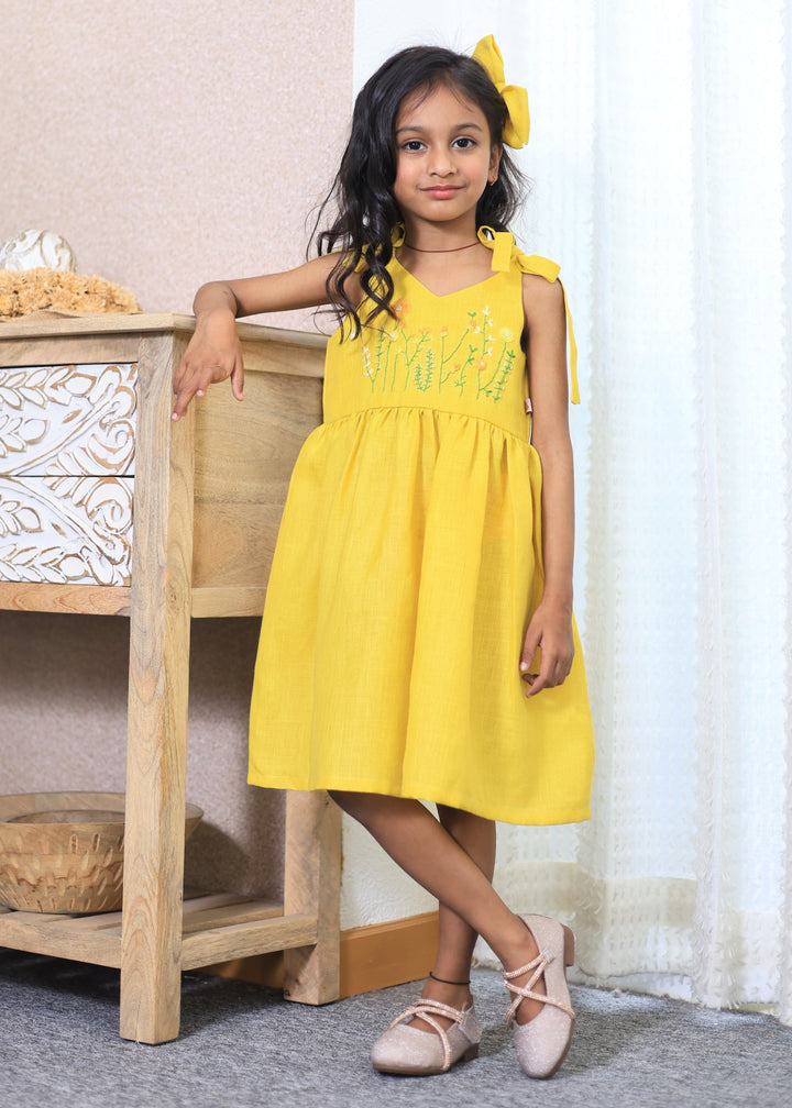 Yellow Hand Embroidery Shoulder Tie up Dress