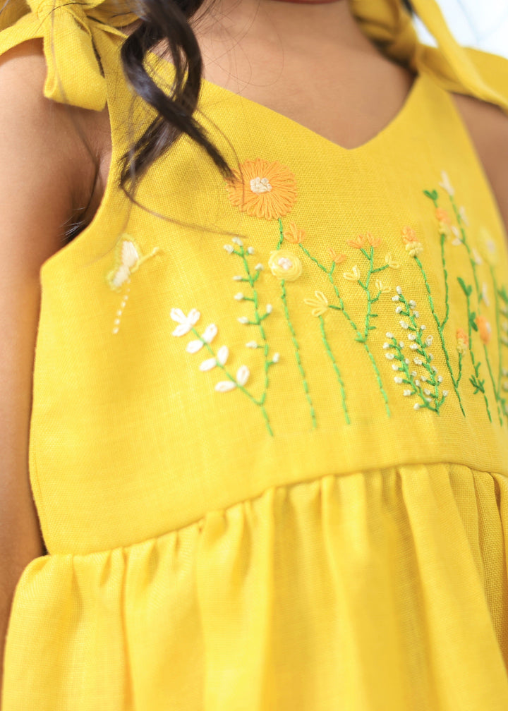 Yellow Hand Embroidery Shoulder Tie up Dress