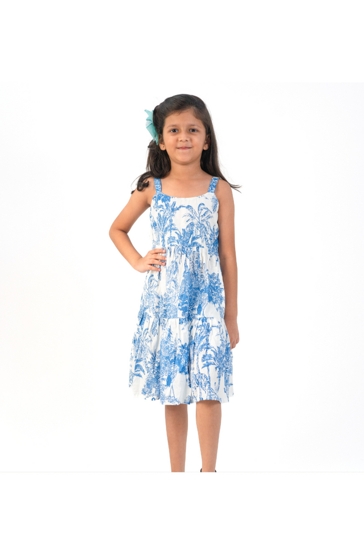 Blue Floral Printed Cotton Sleeveless Frock