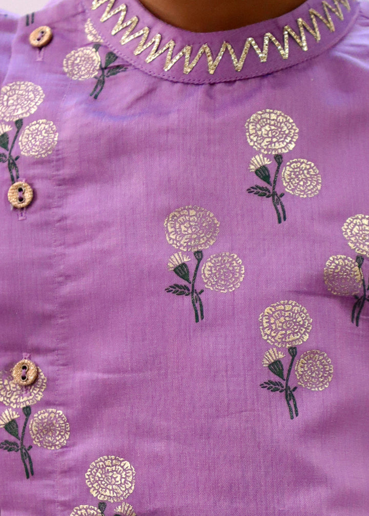 Mishti Purple Foil Printed Chanderi Kurta With Pyjama Set