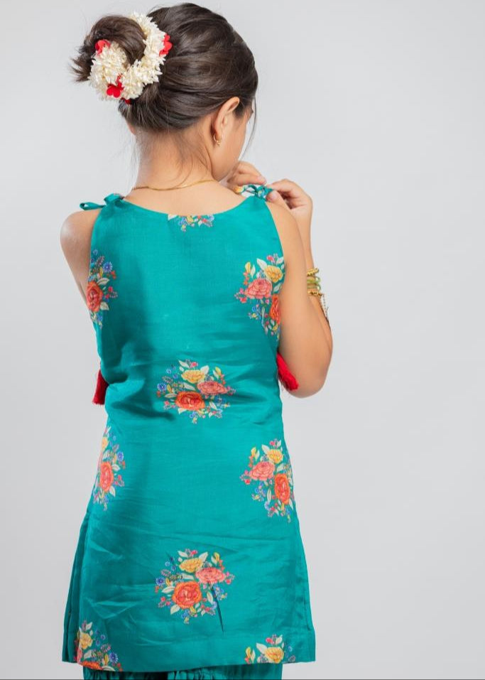 Green Muslin Floral Printed Knot Kurta With Sharara Set