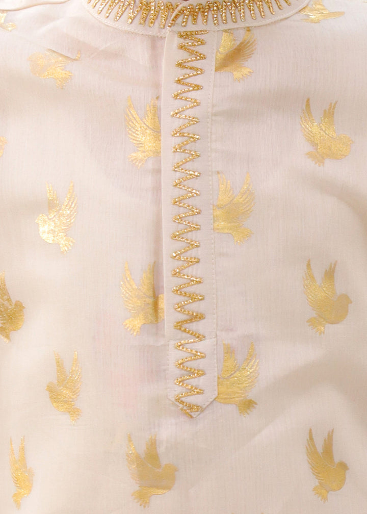 Mishti Off White Bird Printed Chanderi Kurta With Pyjama Set