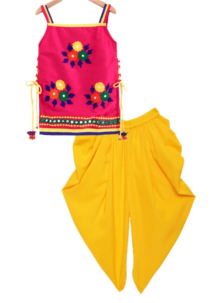 Pink & Yellow Sleeveless Embroidered Top with Dhoti Set