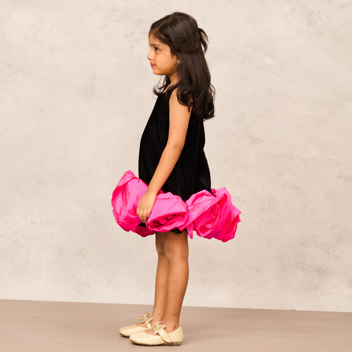 Black Velvet With Pink Taffeta Flower Accents A-Line Dress