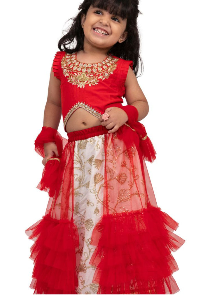 Red & Off White Sleeveless Embroidered Top With Lehenga Set