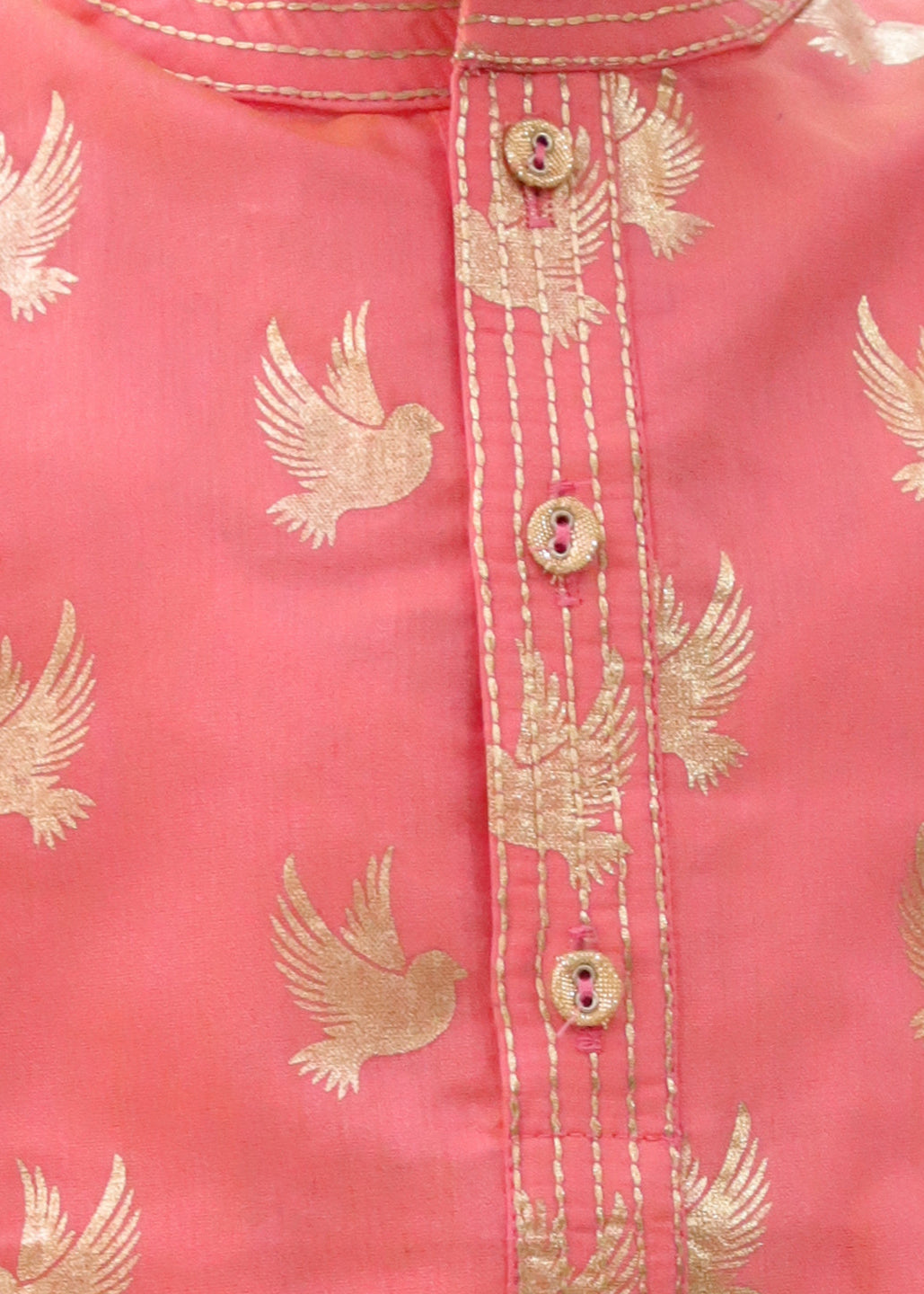 Mishti Peach Bird Printed Chanderi Kurta With Pyjama Set