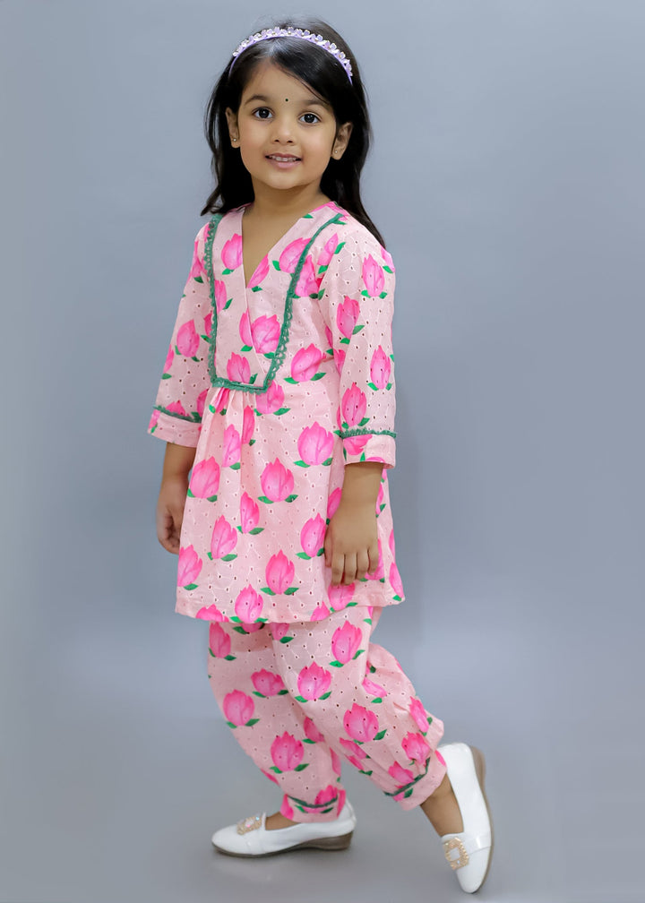 Baby Pink Lotus Printed Hakuba Cotton Kurta With Salwar Set