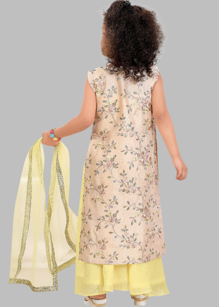 Lemon Yellow Silk Top With Flared Palazzo And Long Jacket Set