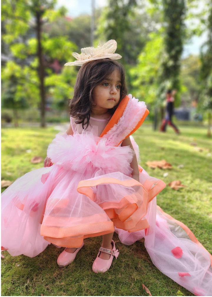 Orange Pink Stiff Hem Falling Petals Dress