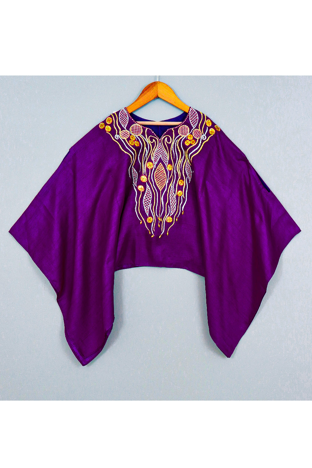 Purple Embroidered Kaftan Style Silk Top With Cowl Pant