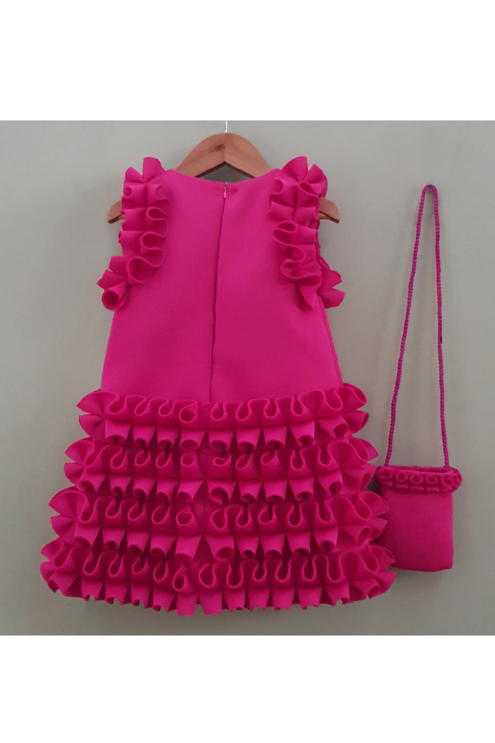 Hot Pink Frill Detailing Scuba Dress With Sling Bag