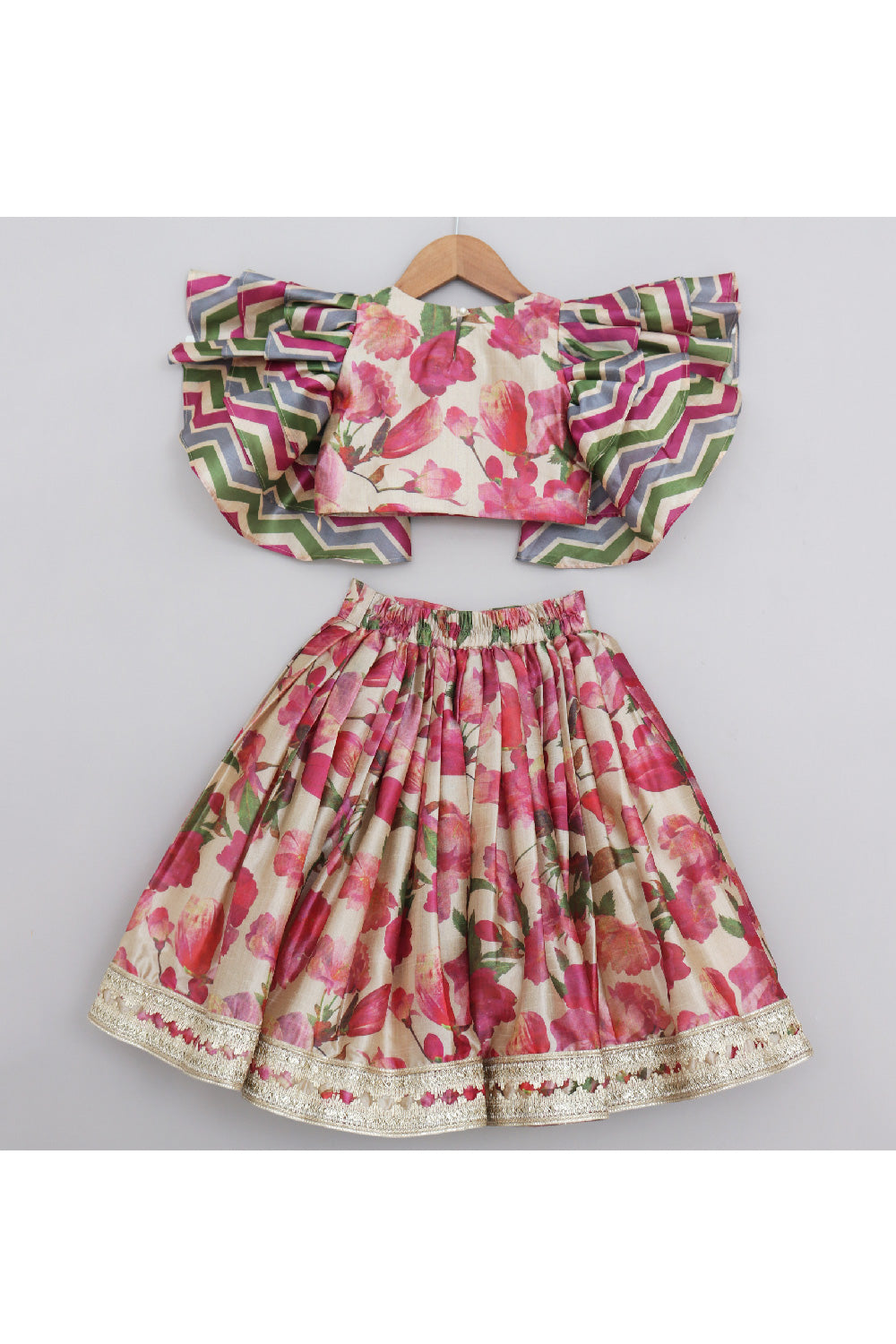 Multicolor Floral Printed With Lace Detailing Top With Lehenga Set