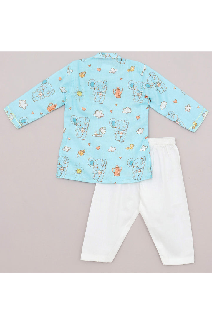Blue Elephant Printed Linen Kurta With Pyjama Set