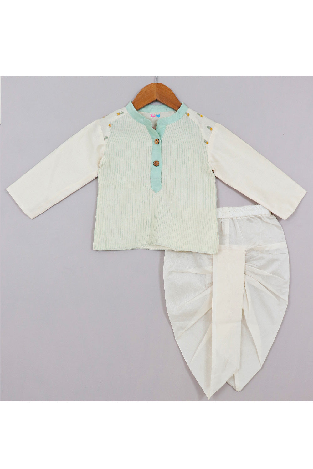 Off White Embroidery Patch Work Kurta Style Shirt With Dhoti Set