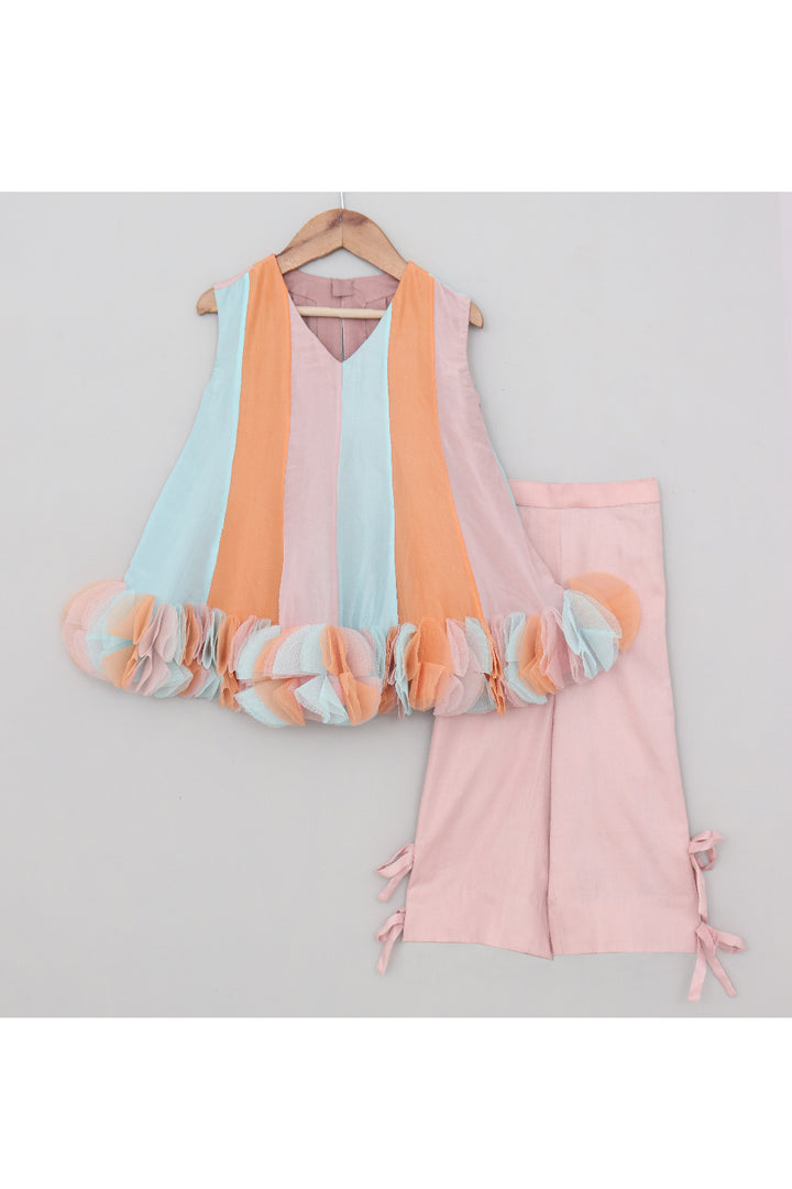 Multicolor Detailing Silk Top With Bow Detailing Pant Set