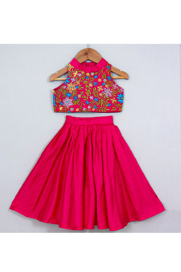 Fuchsia Pink Thread Embroidered Halter Neck Top With Lehenga Set