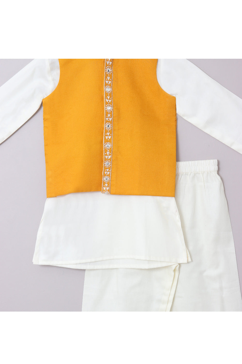 Off White Kurta And Pyjama With Yellow Mirror Embroidered Jacket Set