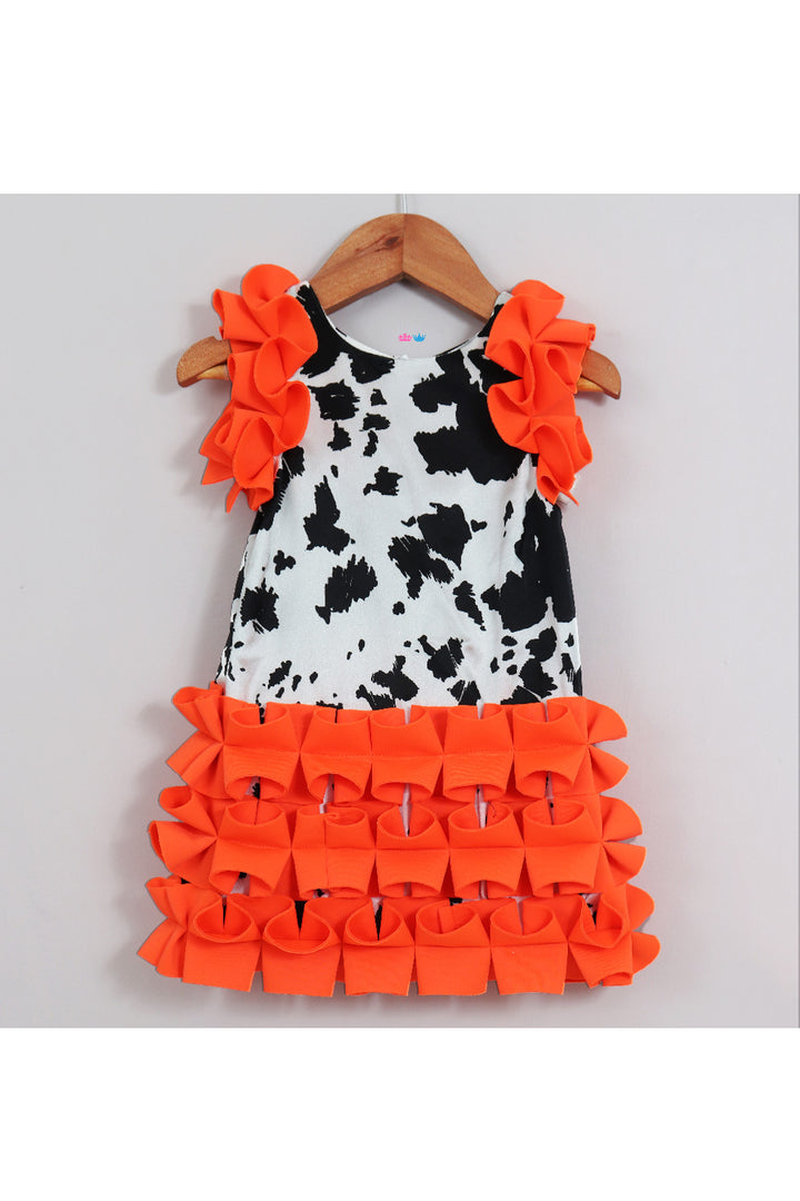 Neon Orange Cow Printed Ruffle Neoprene Dress
