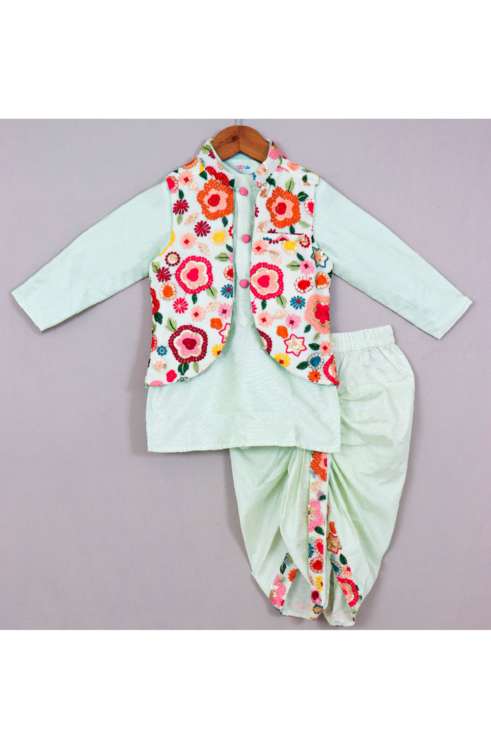Powder Blue Art Silk Kurta With Floral Embroidered Jacket Set
