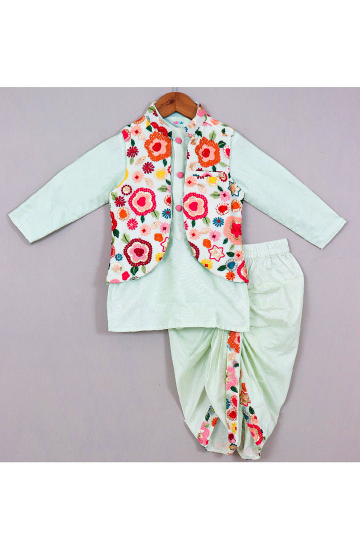 Powder Blue Art Silk Kurta With Floral Embroidered Jacket Set