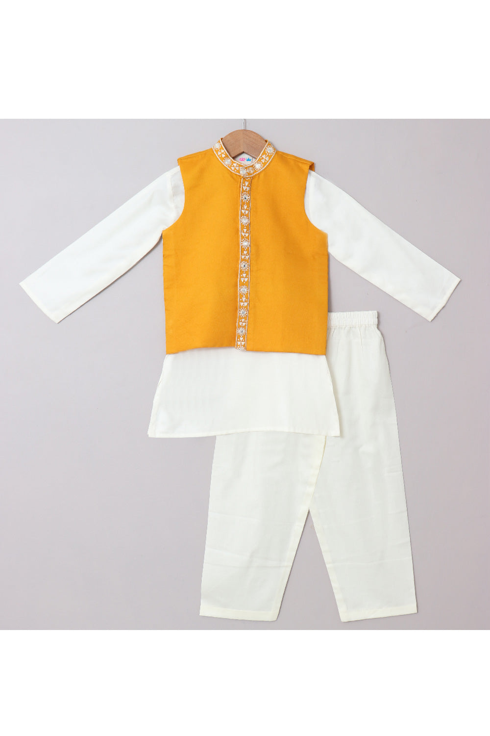 Off White Kurta And Pyjama With Yellow Mirror Embroidered Jacket Set